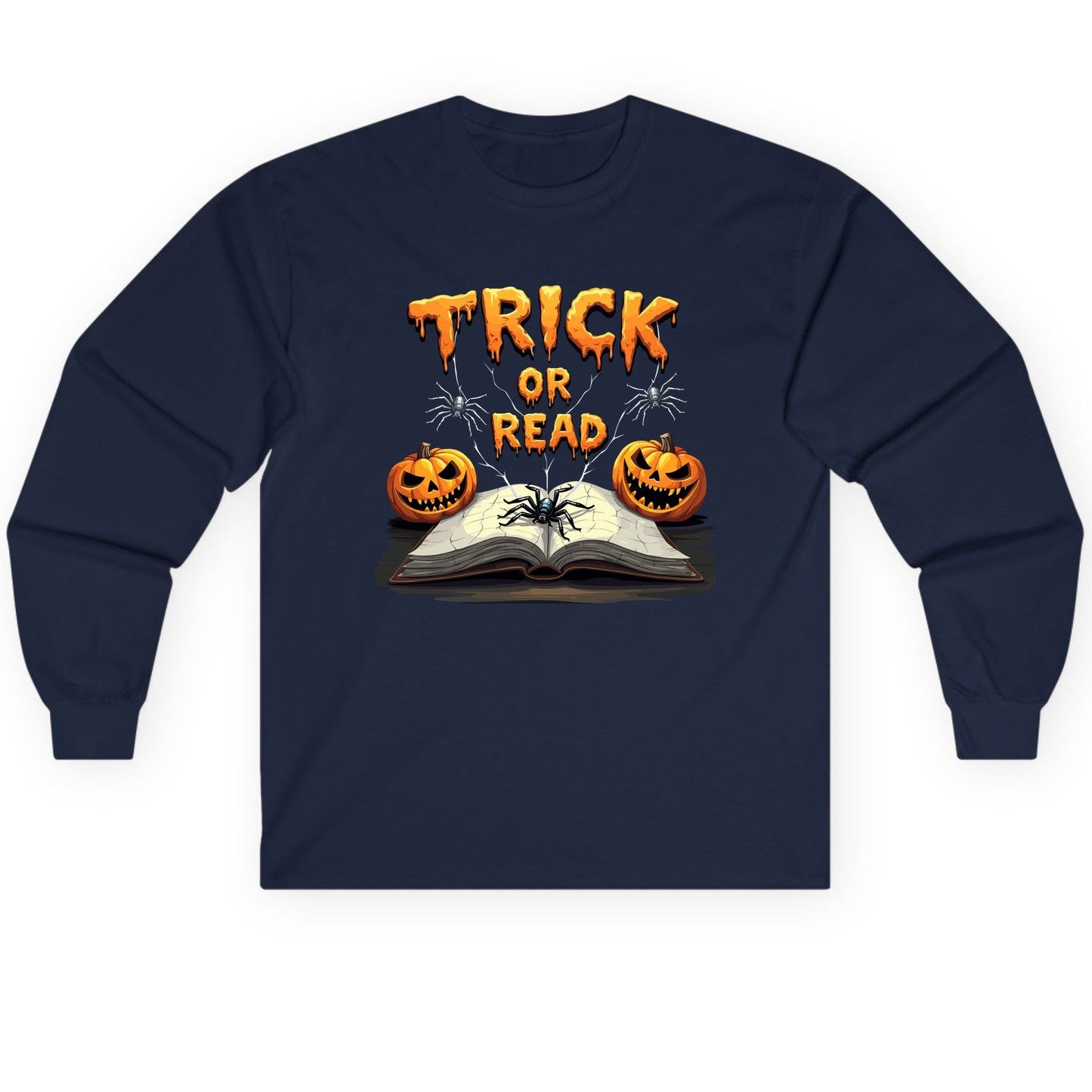 Trick or Read Halloween reading Long Sleeve Tee Navy product mockup