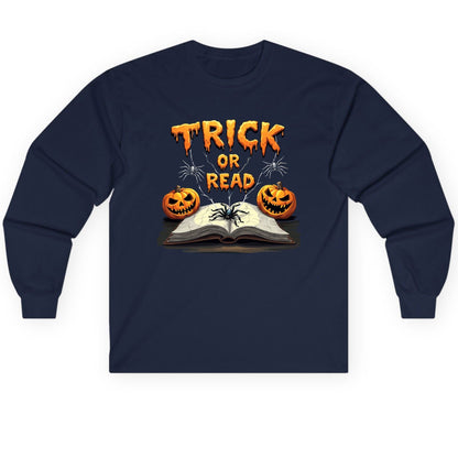 Trick or Read Halloween reading Long Sleeve Tee Navy product mockup