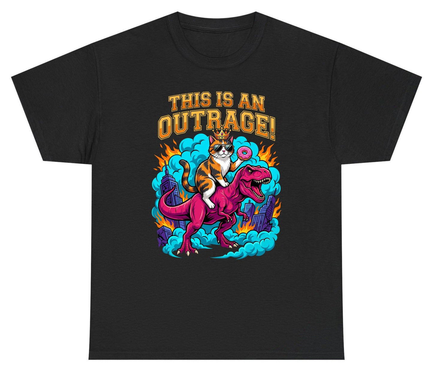 THIS IS AN OUTRAGE! Cat riding a T-Rex Youth T-Shirt Black product mockup