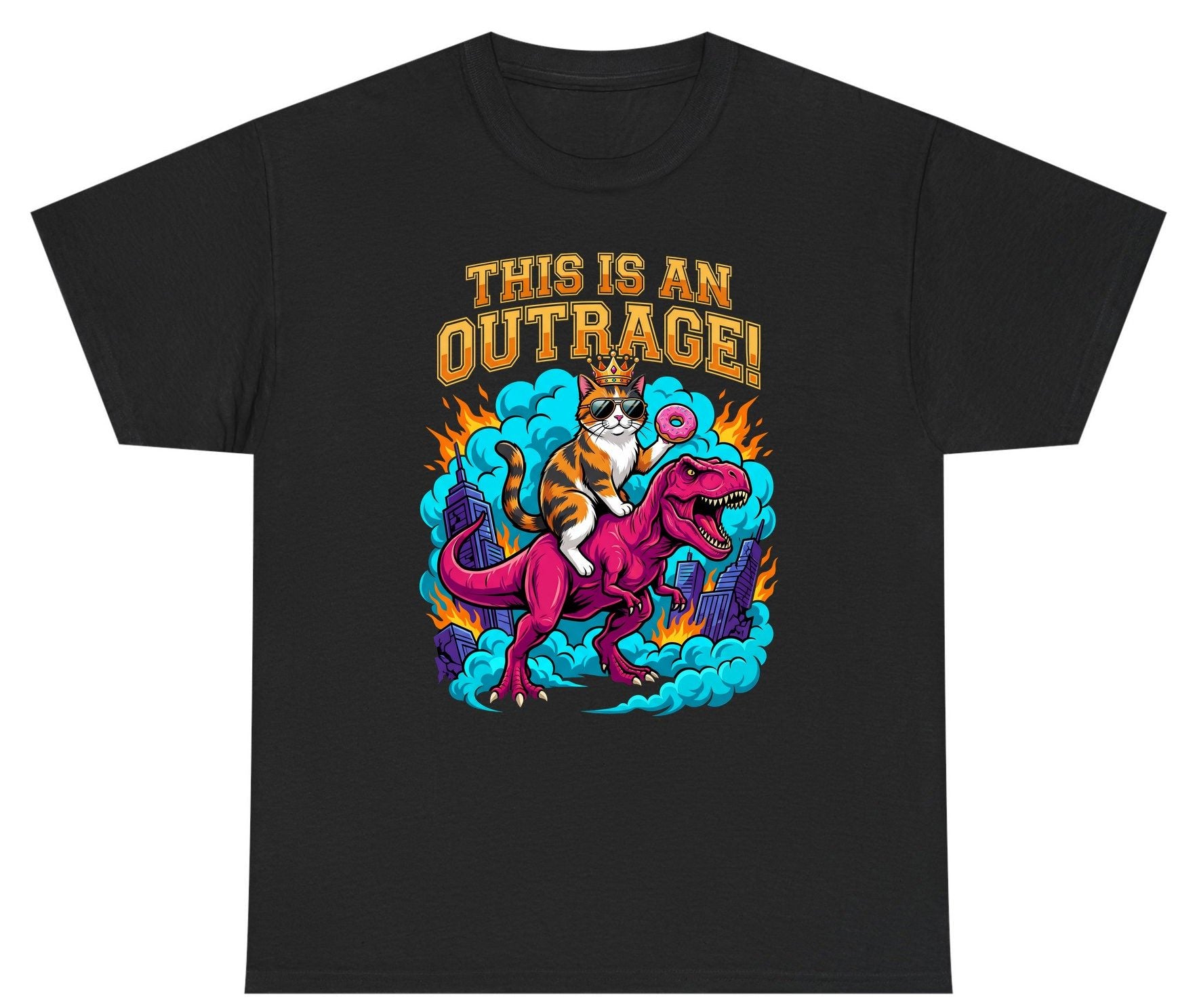 THIS IS AN OUTRAGE! Cat riding a T-Rex Youth T-Shirt Black product mockup