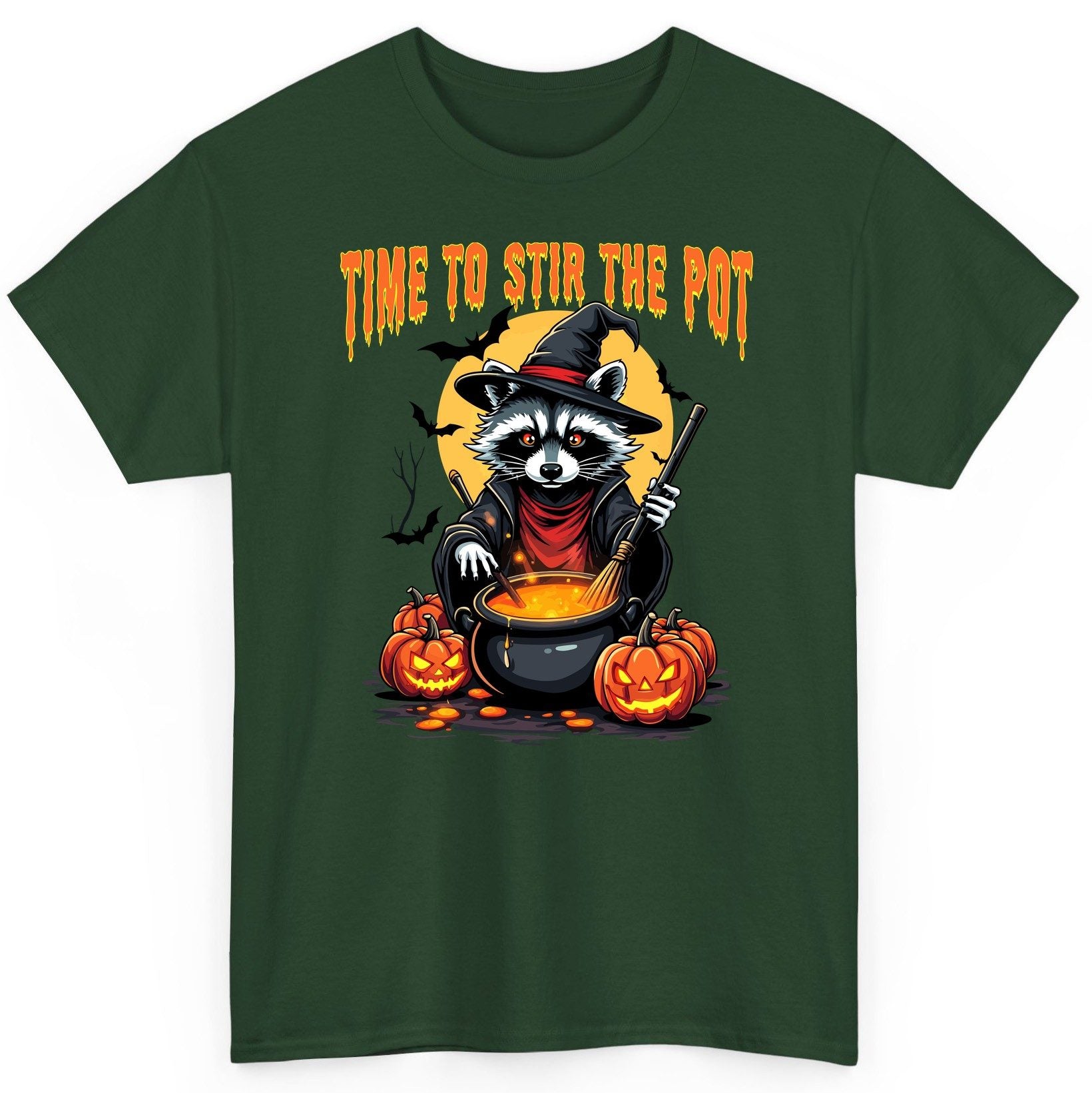 Time to Stir the Pot Halloween raccoon T-Shirt Forest Green product mockup