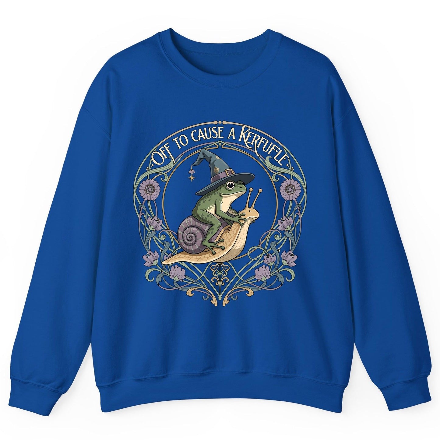 Off to Cause a Kerfuffle frog riding a snail Sweatshirt Royal product mockup