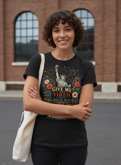 Breathe Free Patriotic Statue Liberty Vintage Americans T-Shirt - lifestyle model mockup - Black