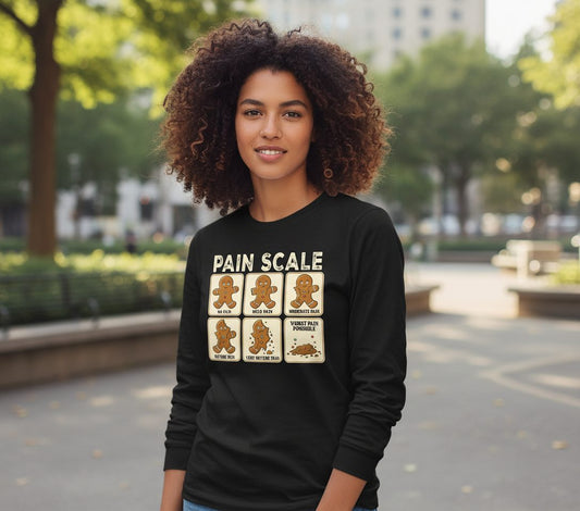 Pain Scale gingerbread man pain scale Long Sleeve Tee Black lifestyle mockup