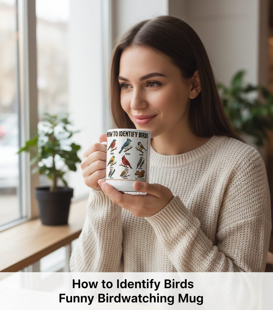 How to Identify Birds Funny Birdwatching White Mug - lifestyle model mockup - White