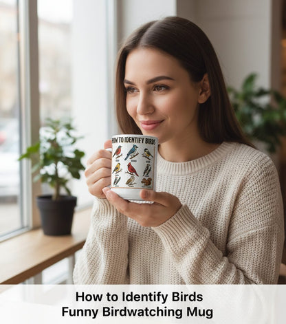 How to Identify Birds Funny Birdwatching White Mug - lifestyle model mockup - White