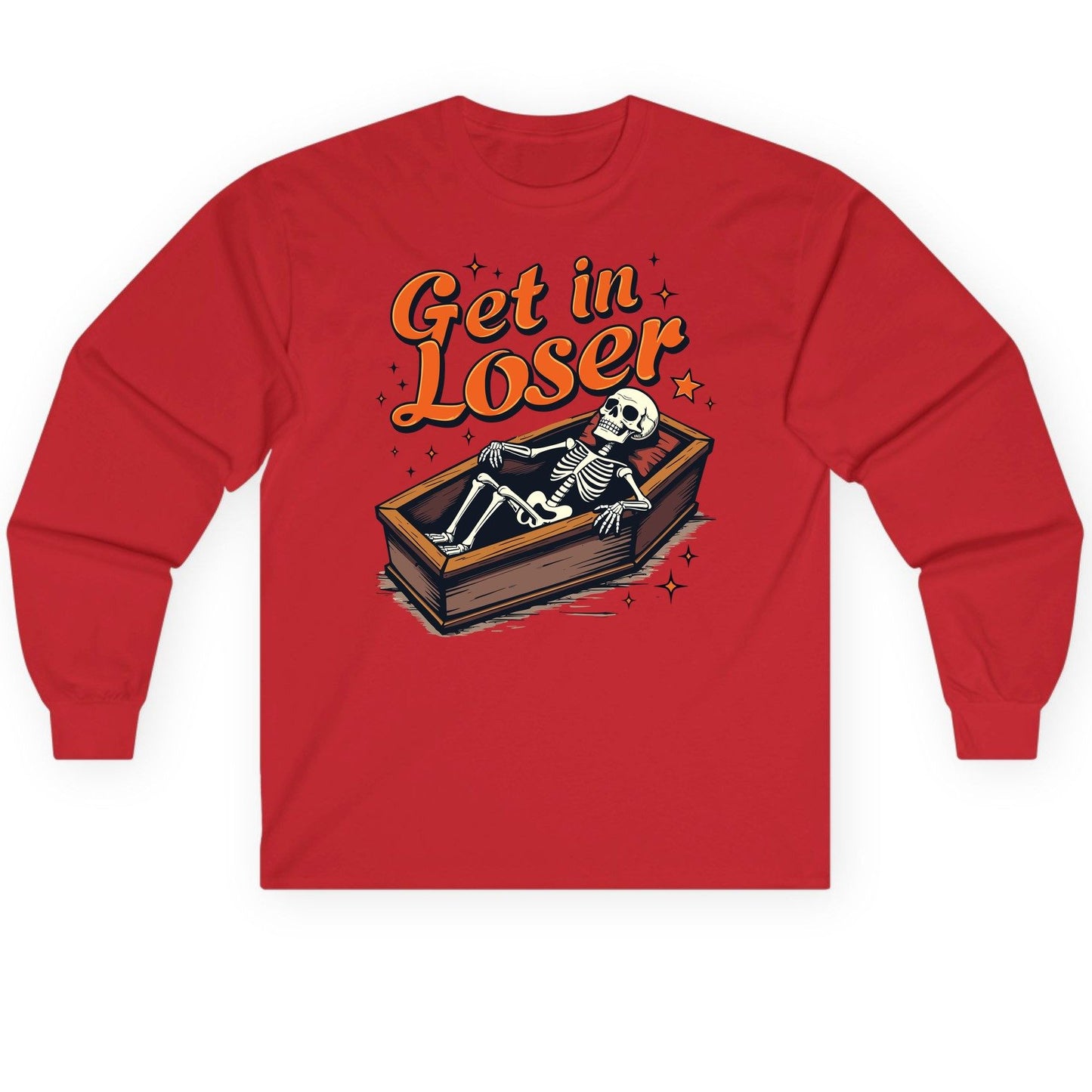 Get in Loser skeleton in coffin Long Sleeve Tee Red product mockup