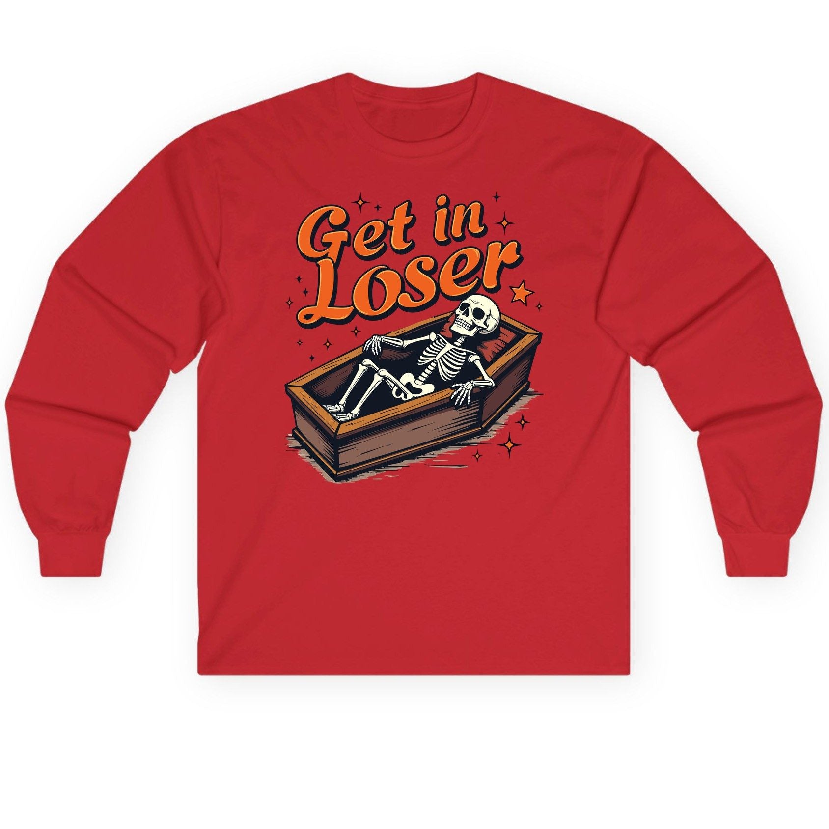 Get in Loser skeleton in coffin Long Sleeve Tee Red product mockup
