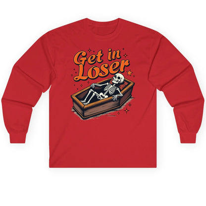 Get in Loser skeleton in coffin Long Sleeve Tee Red product mockup
