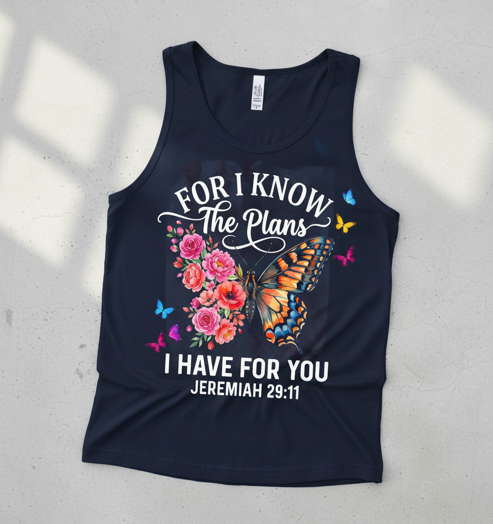 Jeremiah 29:11 For I Know The Plans Butterfly Floral Christian Verse Tank Top - Navy
