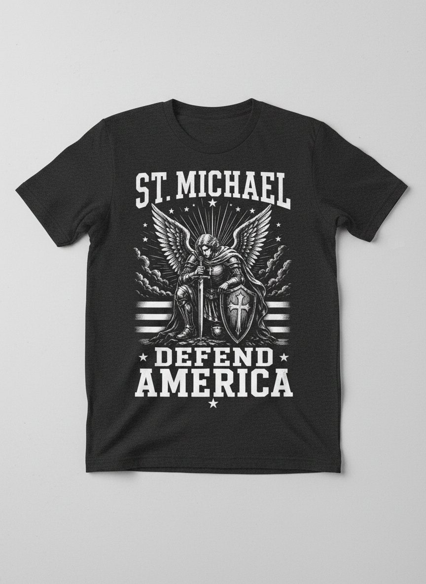 St Michael Defend America Patriotic Christian T-Shirt - product mockup - Dark Heather