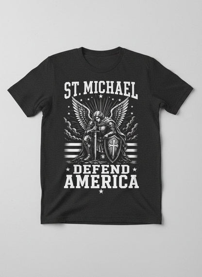St Michael Defend America Patriotic Christian T-Shirt - product mockup - Dark Heather