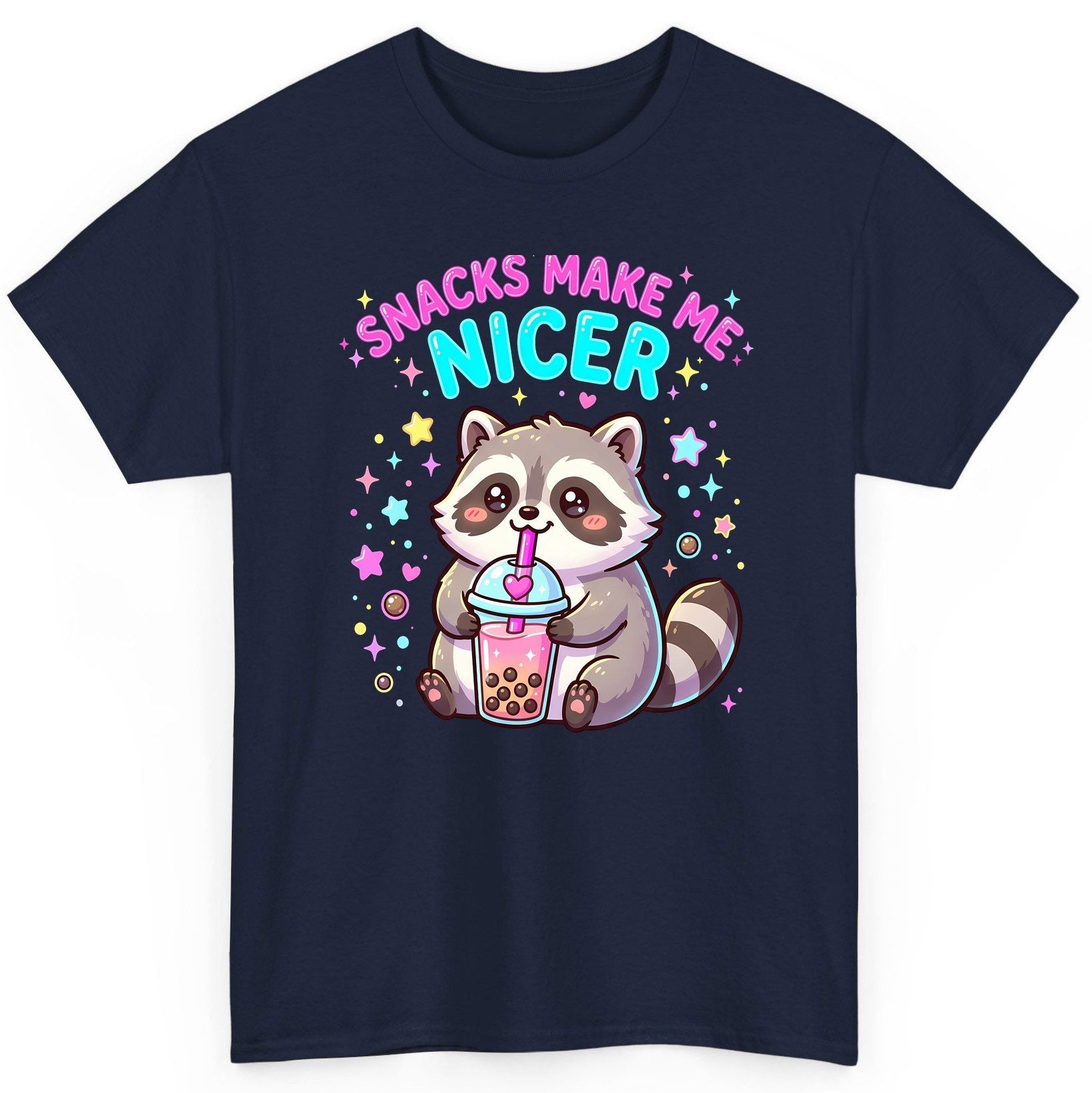 SNACKS MAKE ME NICER Funny Raccoon T-Shirt - product mockup - Navy