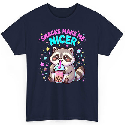SNACKS MAKE ME NICER Funny Raccoon T-Shirt - product mockup - Navy