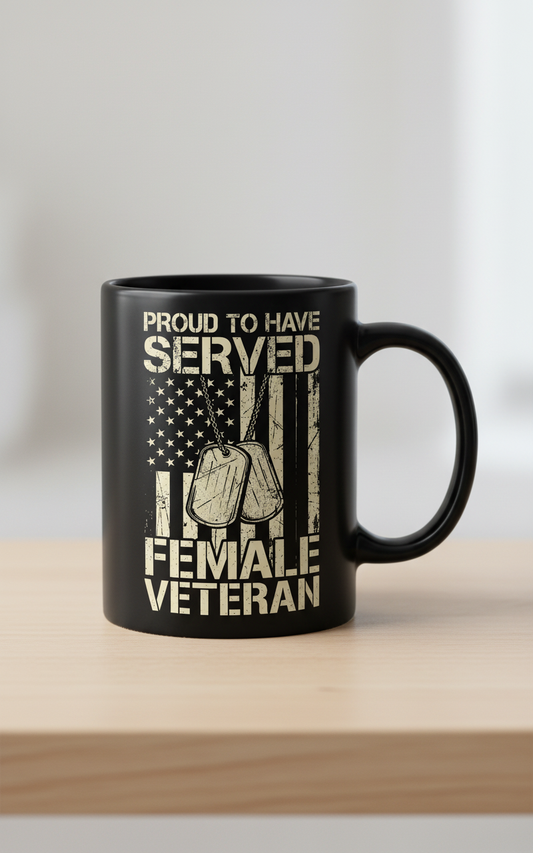 Proud Female Veteran American Flag Dog Tags Design Black Mug - Black