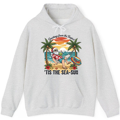 Greetings from the Tropics 'Tis the Sea-Sun santa claus on a tropical vacation Hoodie Ash product mockup