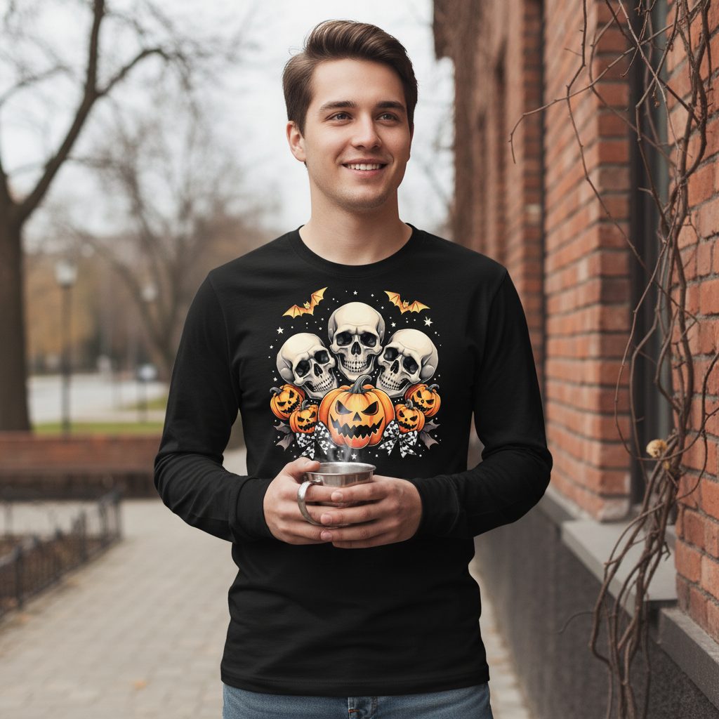 Skulls and Pumpkins Halloween Halloween Long Sleeve Tee Black lifestyle mockup