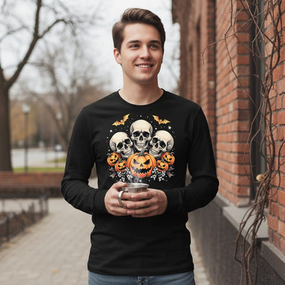 Skulls and Pumpkins Halloween Halloween Long Sleeve Tee Black lifestyle mockup
