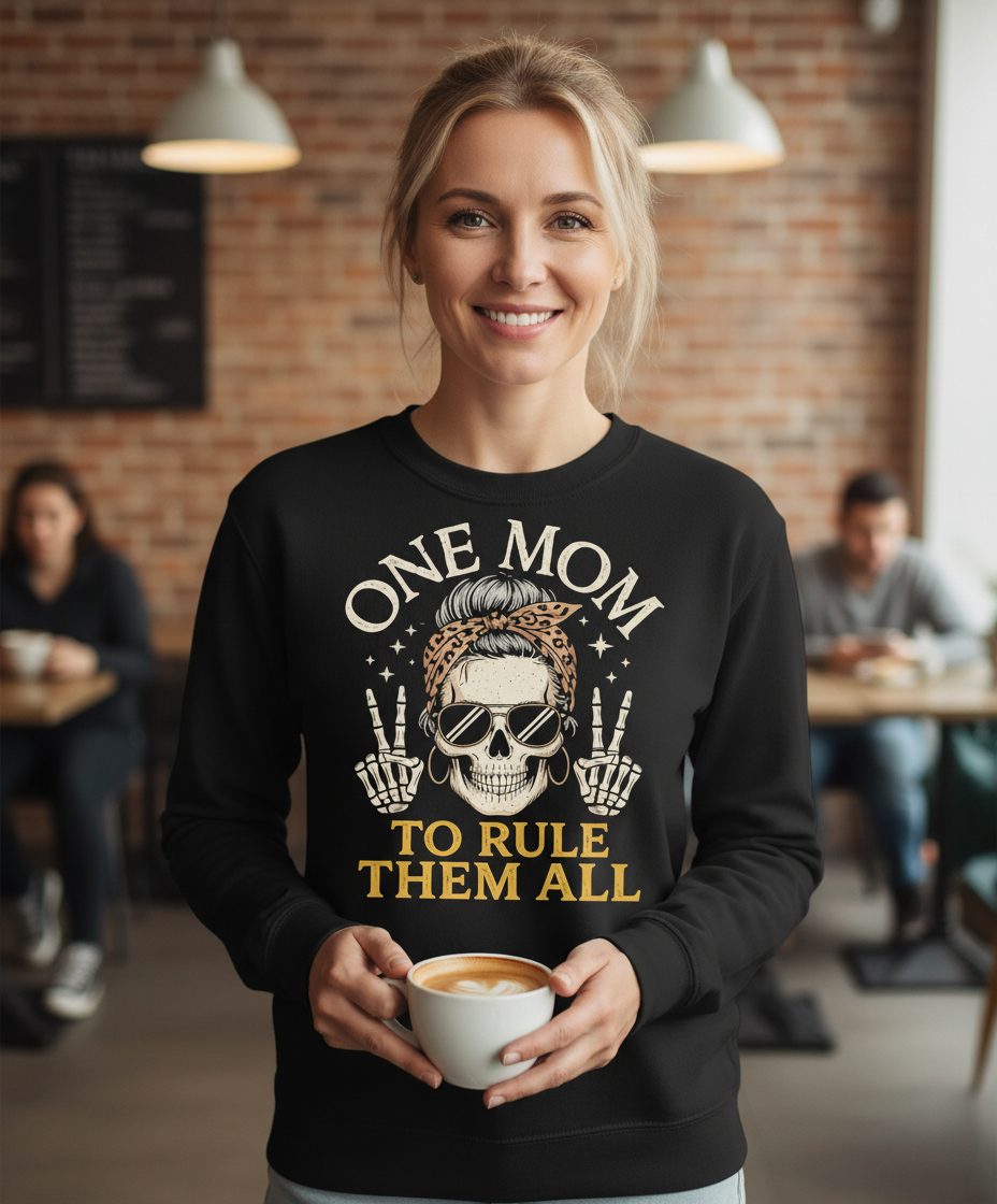 ONE MOM TO RULE THEM ALL Funny Sassy Skull Sweatshirt - lifestyle model mockup - Black