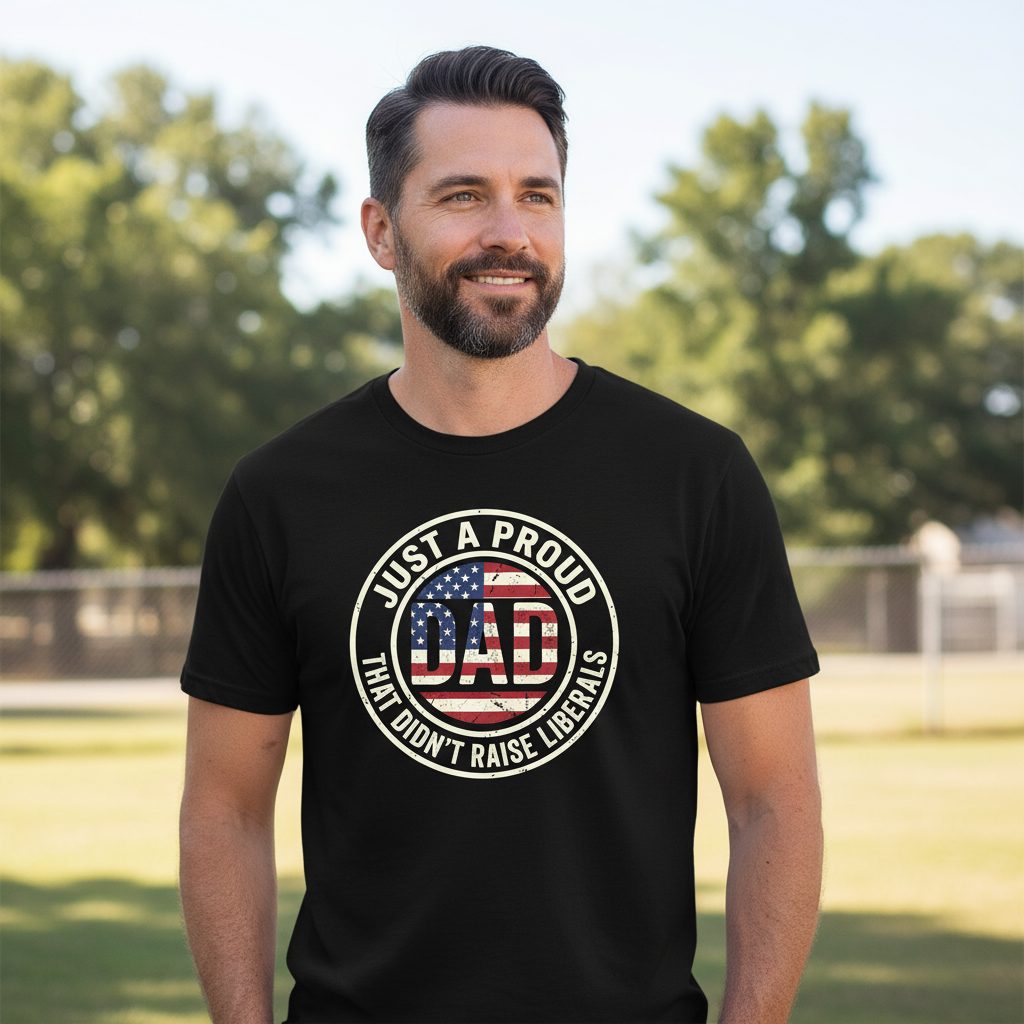 Just a Proud Dad That Didn't Raise Liberals patriotic fatherhood T-Shirt Black lifestyle mockup