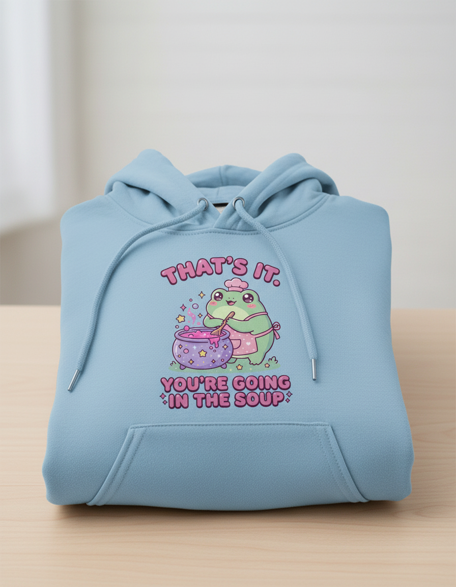 Kawaii Frog Chef 'You're Going In The Soup' Funny Meme Design Hoodie - Light Blue