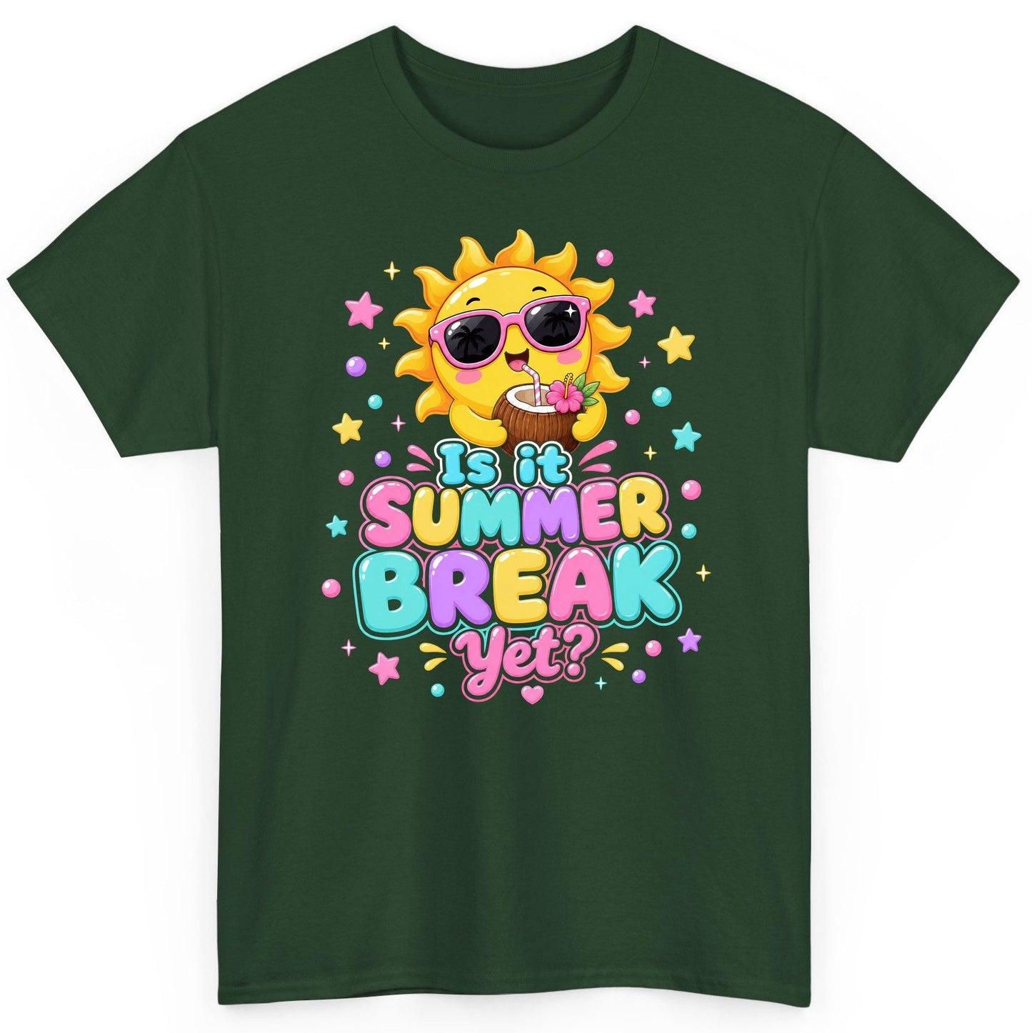 Is It SUMMER BREAK Yet Funny Vacation T-Shirt - product mockup - Forest Green