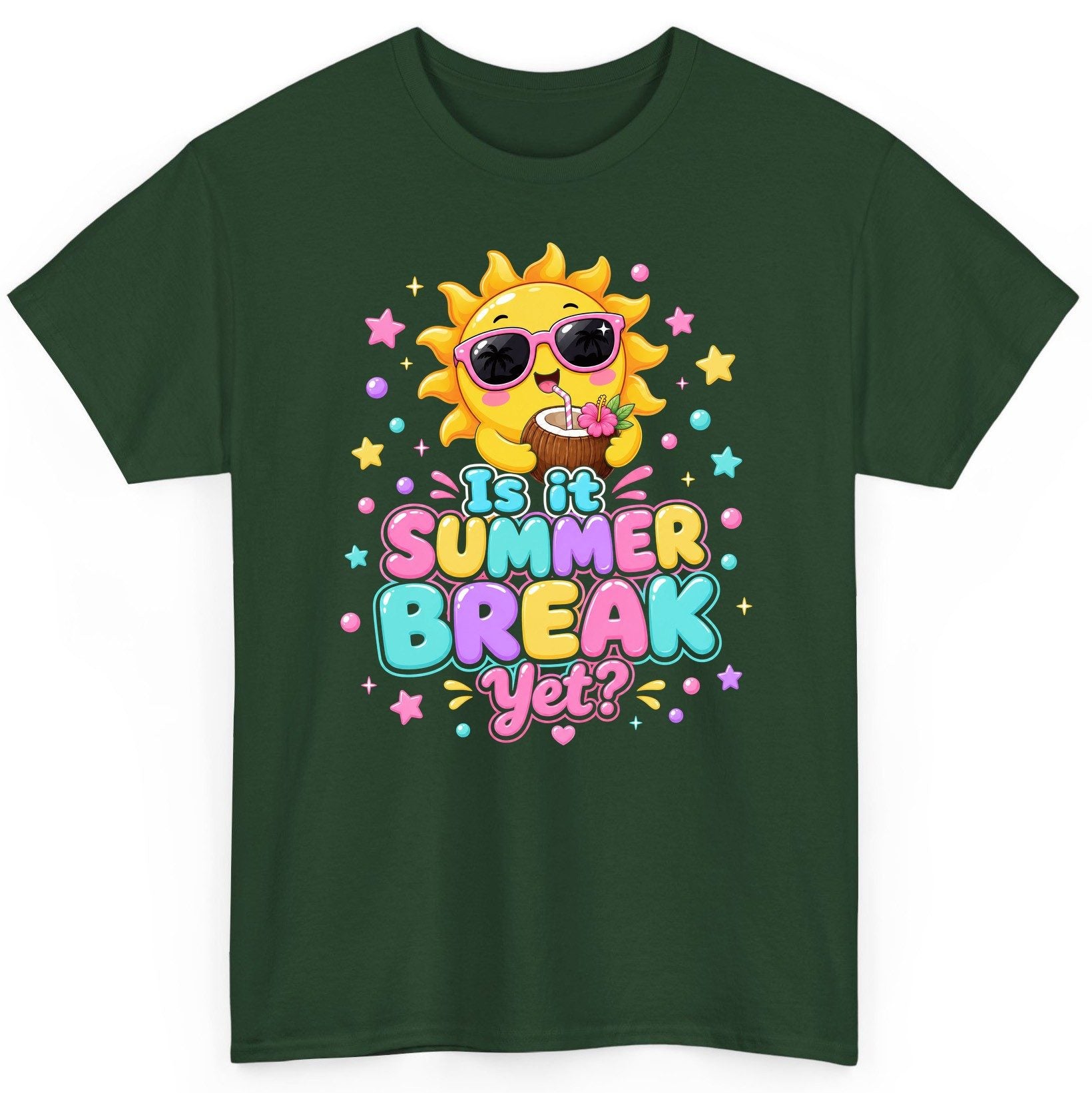 Is It SUMMER BREAK Yet Funny Vacation T-Shirt - product mockup - Forest Green