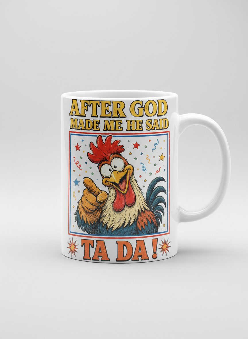 AFTER GOD MADE ME HE SAID TA DA Funny Rooster White Mug - product mockup - White