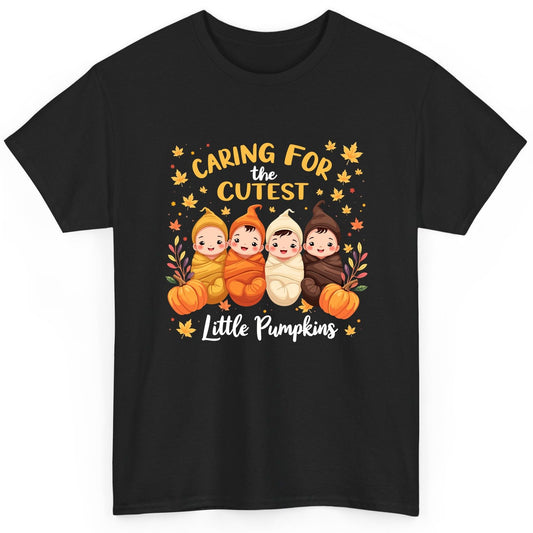 Caring for the Cutest Little Pumpkins swaddled babies T-Shirt Black product mockup