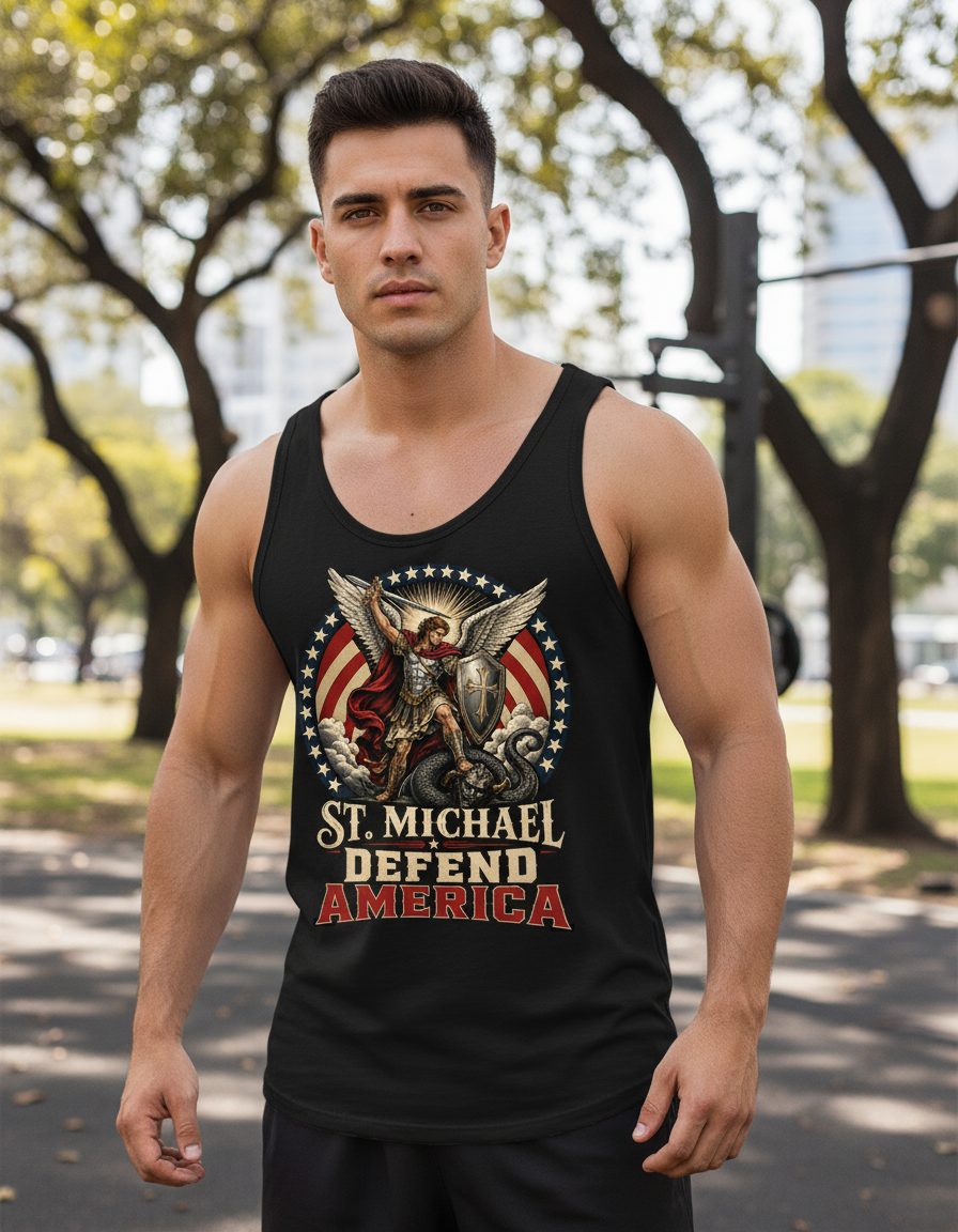 St Michael Defend America Patriotic Christian Tank Top - product mockup - Black