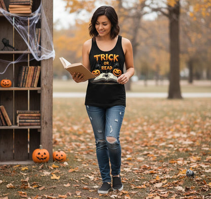 Trick or Read Halloween reading Tank Top Black lifestyle mockup