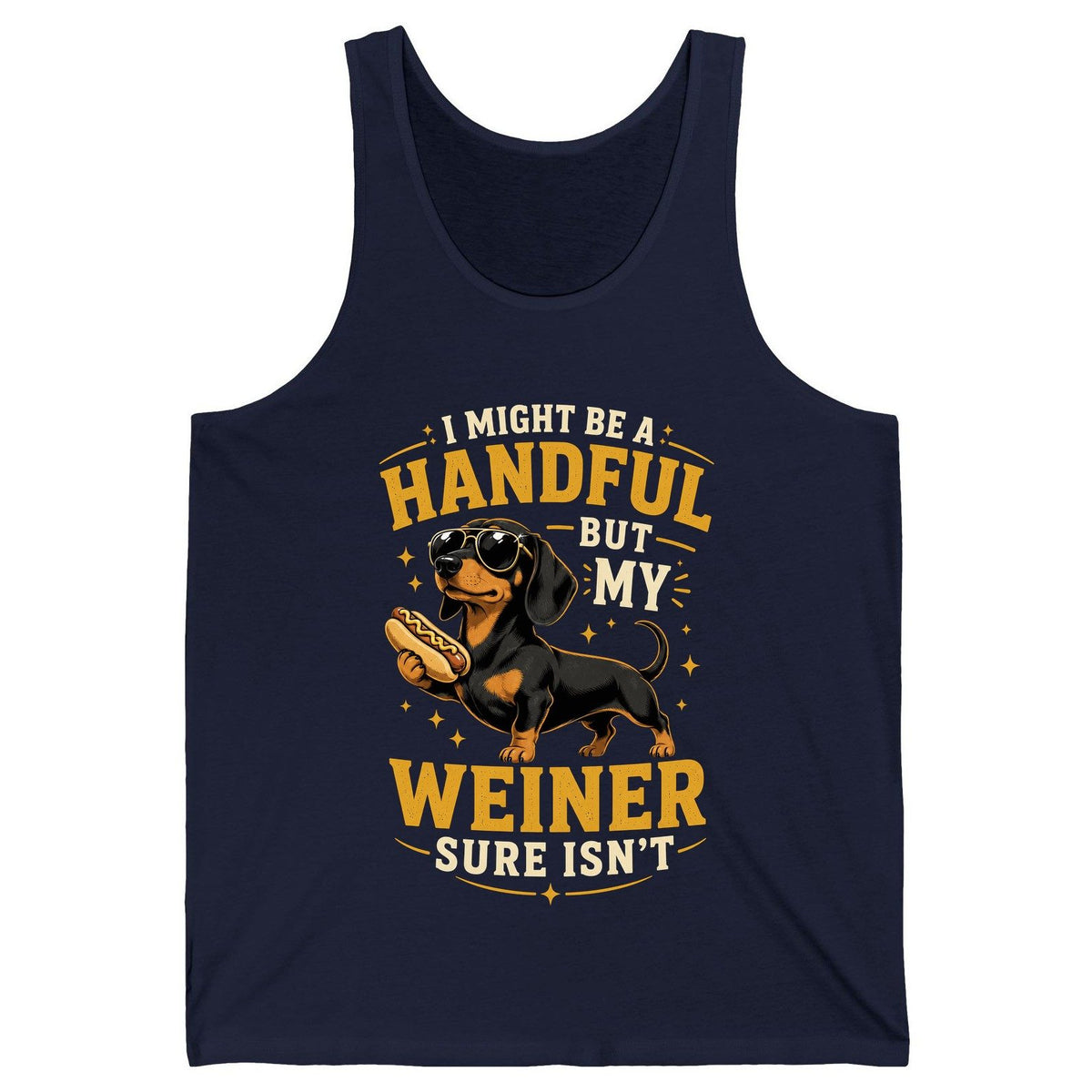 I Might Be a Handful but My Weiner Sure Isn't dachshund Tank Top Navy product mockup