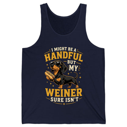 I Might Be a Handful but My Weiner Sure Isn't dachshund Tank Top Navy product mockup