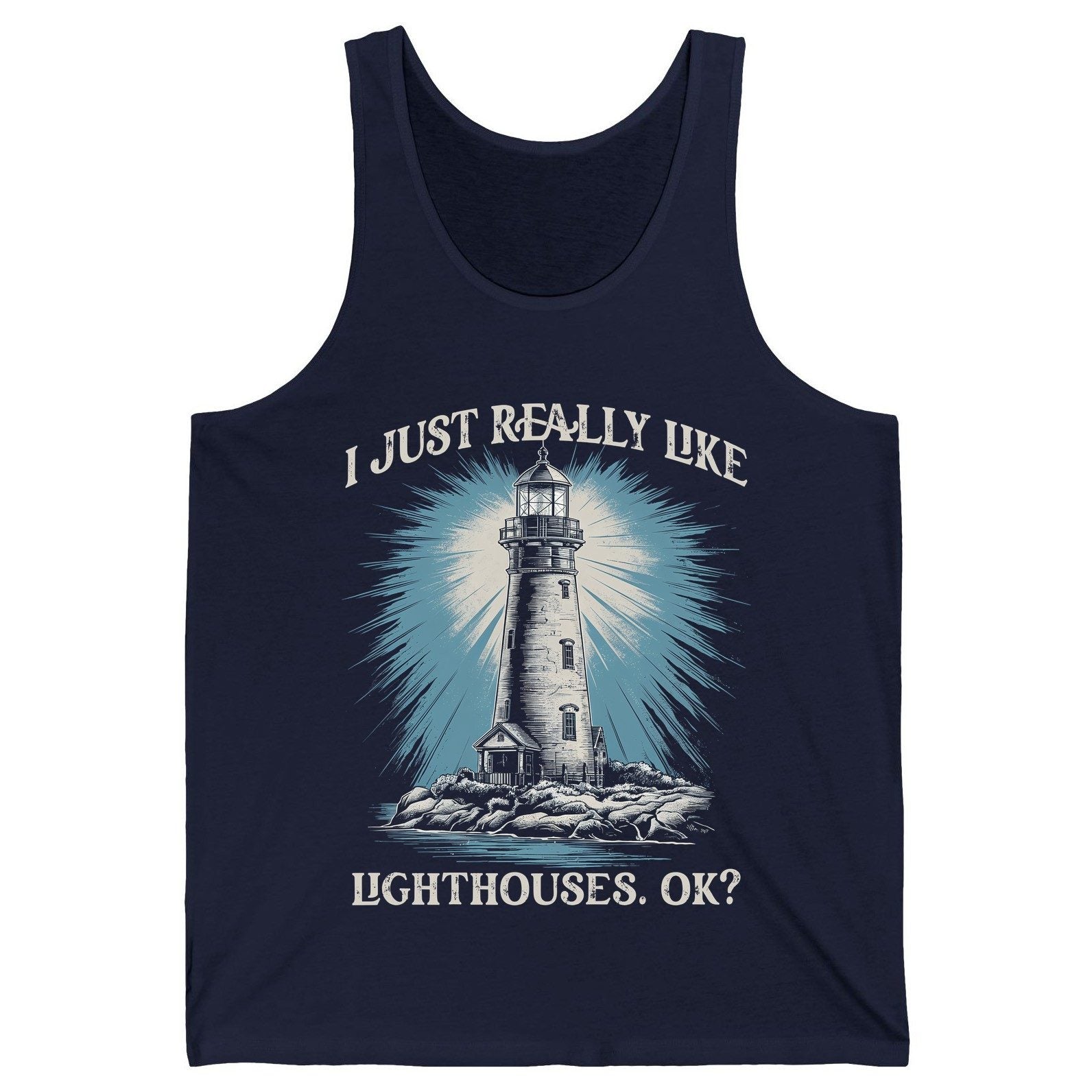 I Just Really Like Lighthouses, Ok? lighthouse Tank Top Navy product mockup