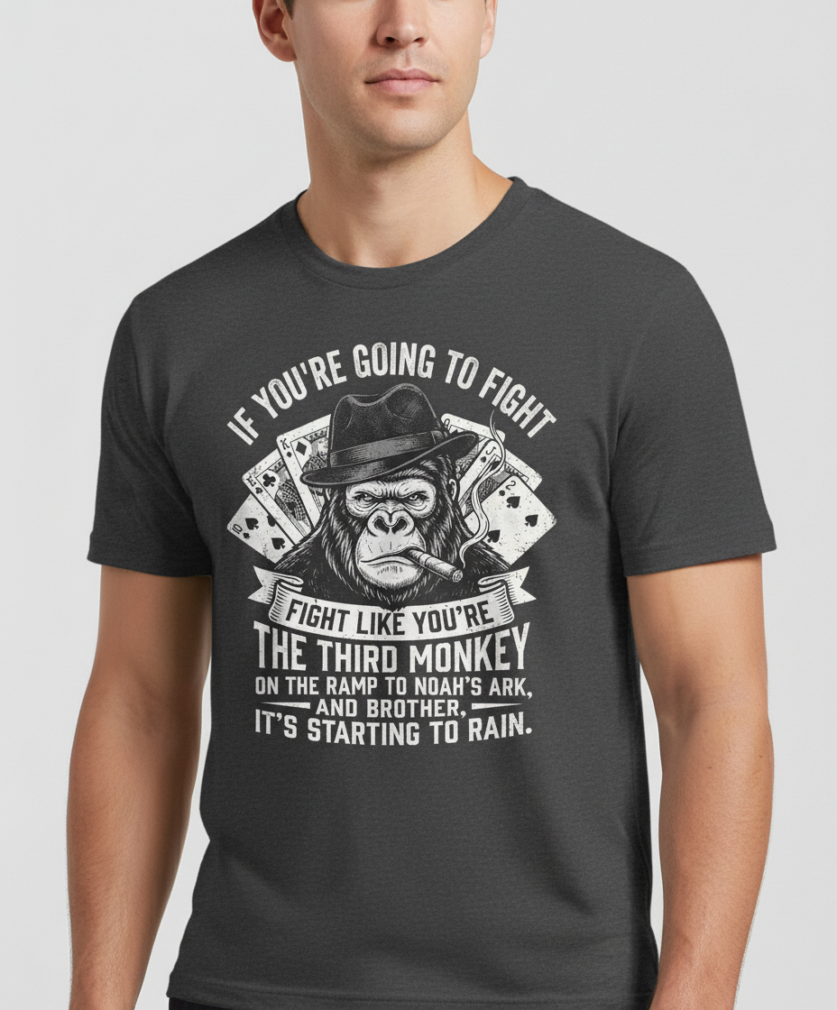Third Monkey on Noah's Ark Fighting Gorilla Quote T-Shirt - Dark Heather