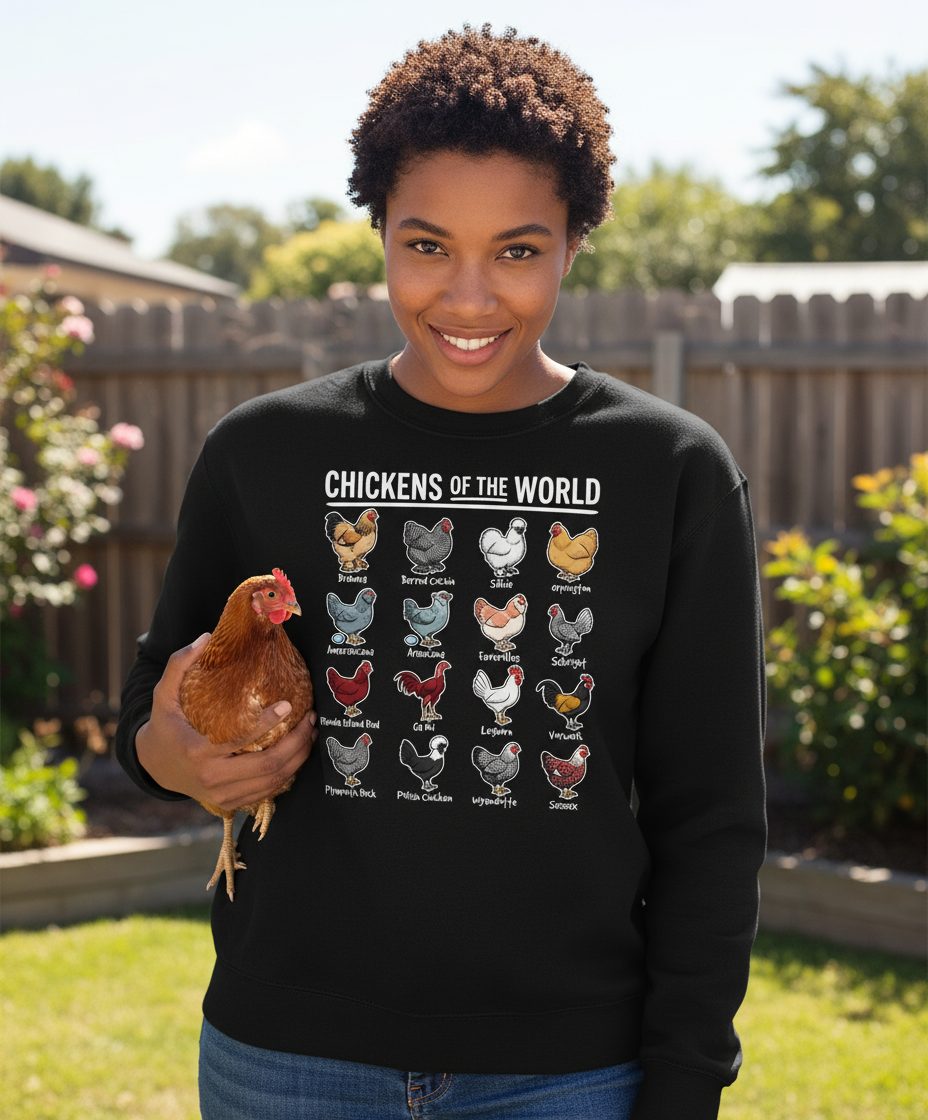 Chickens of the World chicken breeds Sweatshirt Black lifestyle mockup