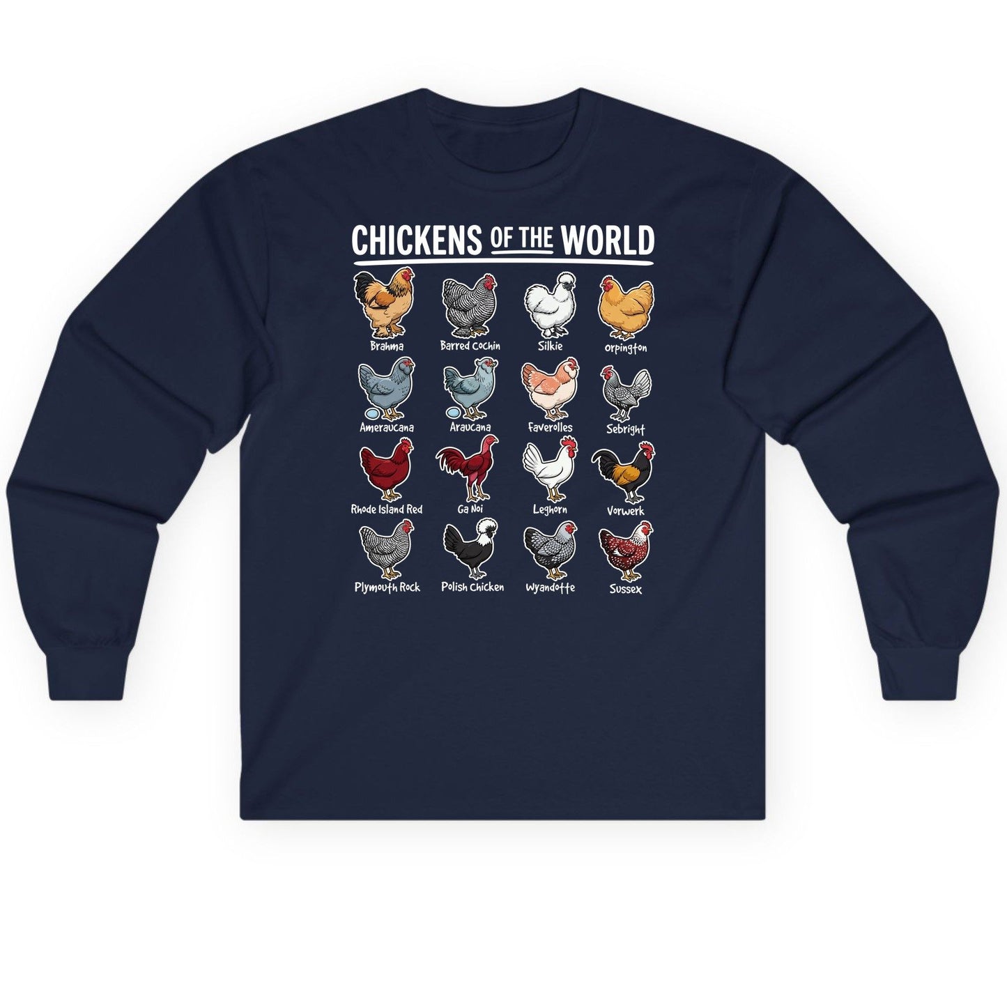 Chickens of the World chicken breeds Long Sleeve Tee Navy product mockup