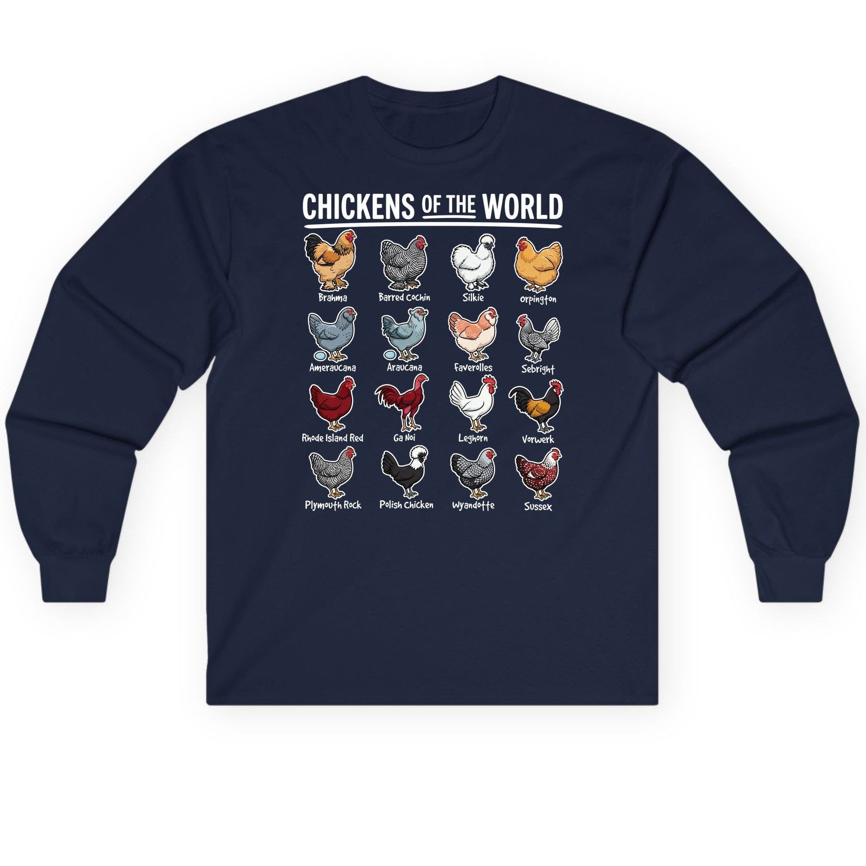 Chickens of the World chicken breeds Long Sleeve Tee Navy product mockup