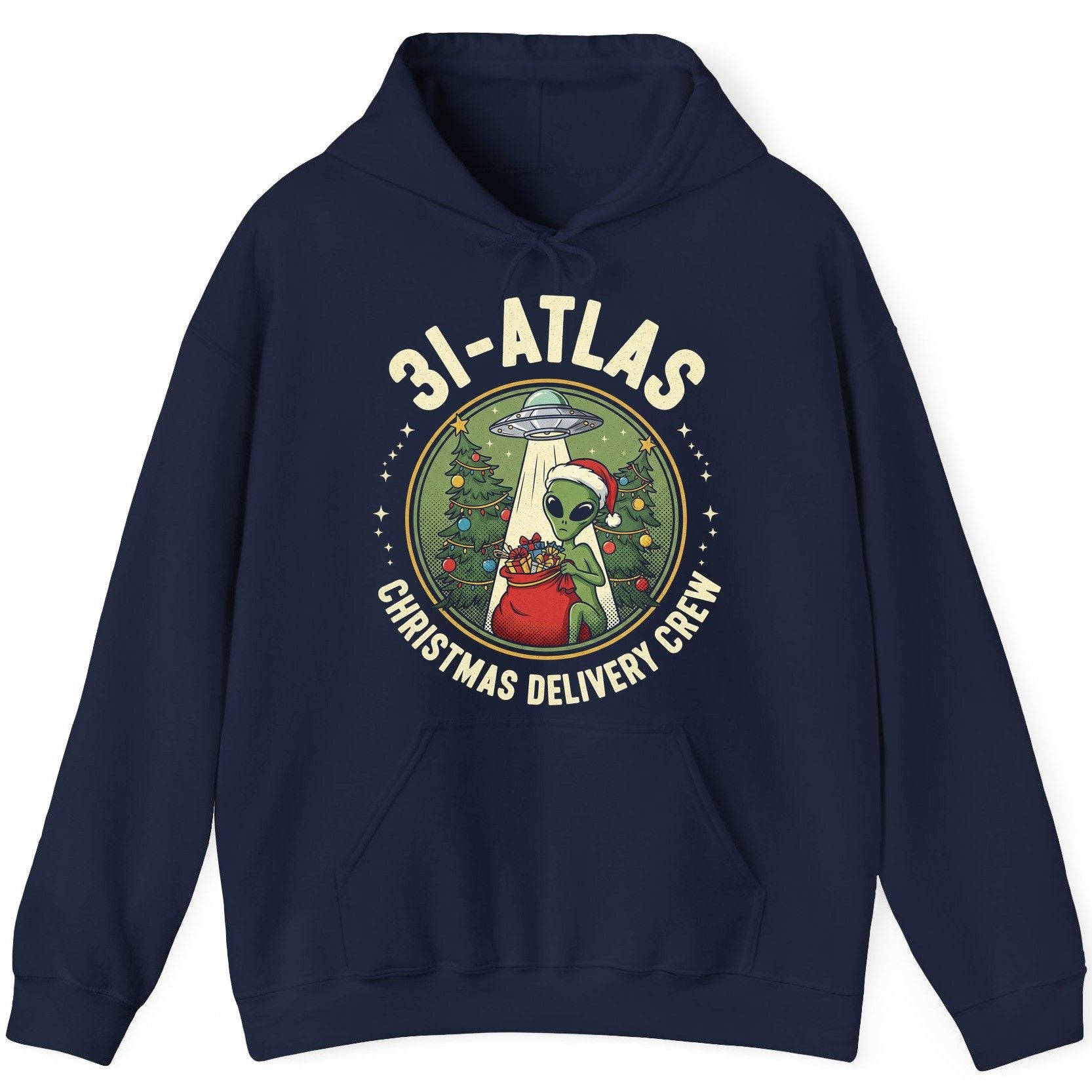 31-Atlas Christmas Delivery Crew alien Christmas Hoodie Navy product mockup
