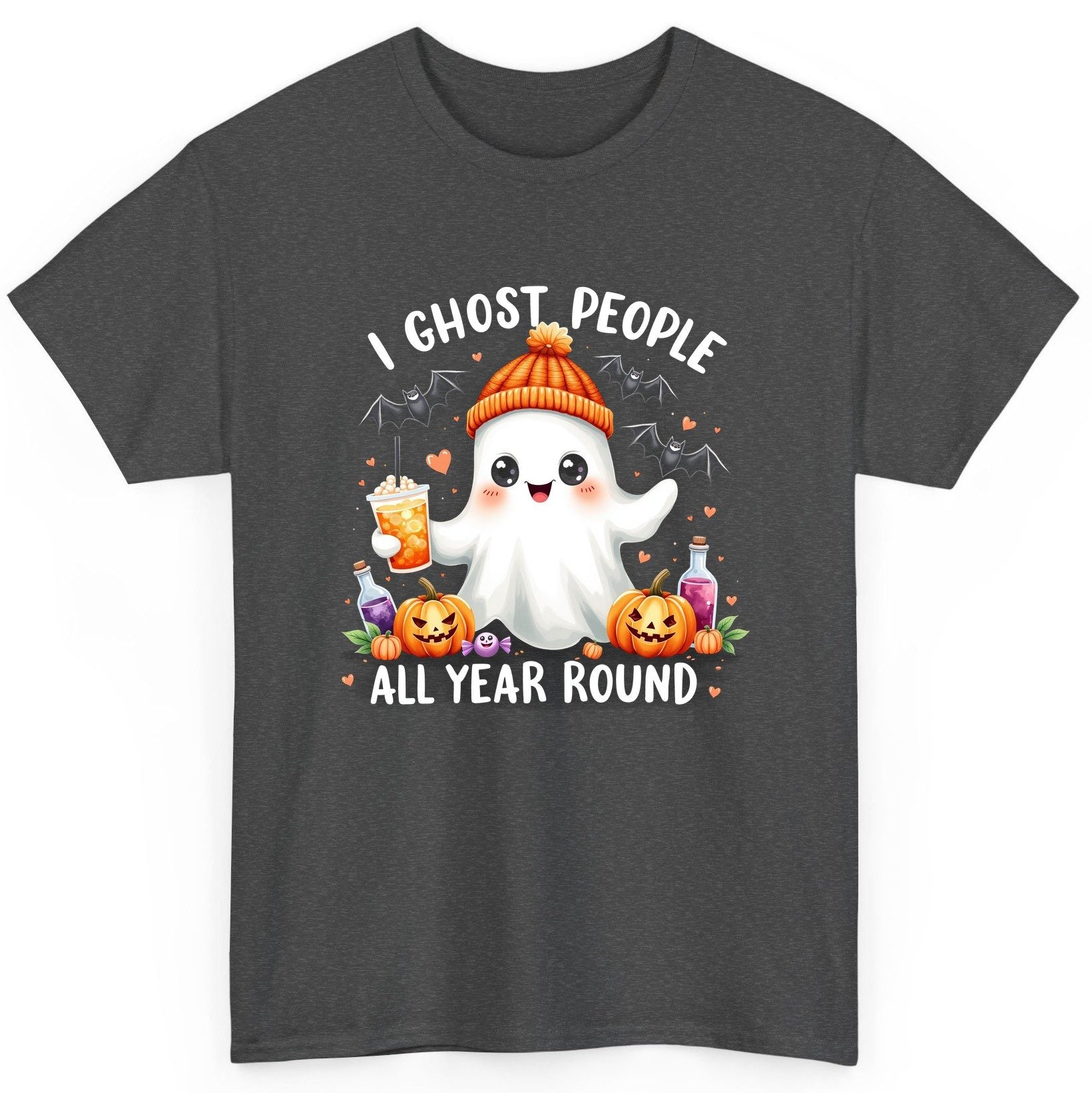 I Ghost People All Year Round cute ghost T-Shirt Dark Heather product mockup