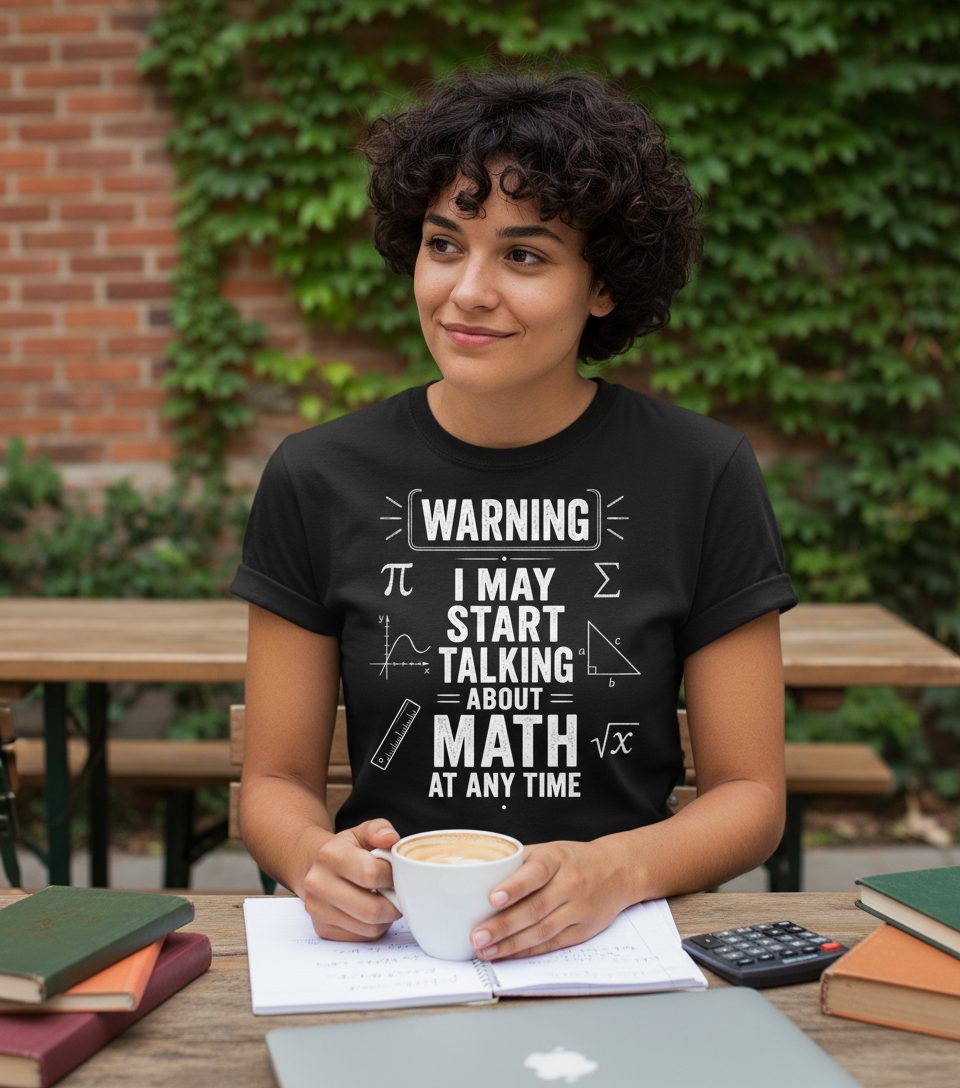 Warning I May Start Talking About Math at Any Time Funny Teachers T-Shirt - lifestyle model mockup - Black