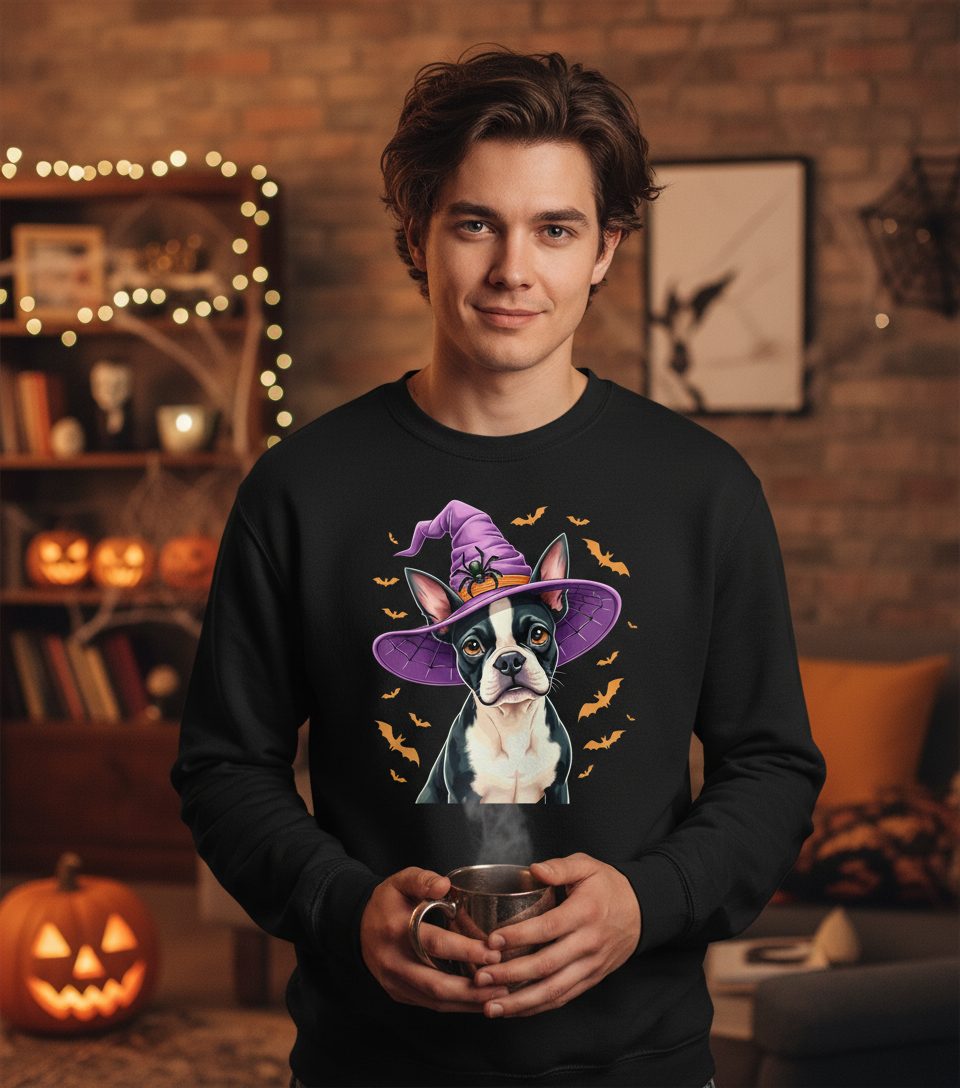 Halloween Boston Terrier Witch boston terrier Sweatshirt Black lifestyle mockup