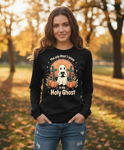 The Only Ghost I Know Is the Holy Ghost christian Halloween Long Sleeve Tee Black lifestyle mockup
