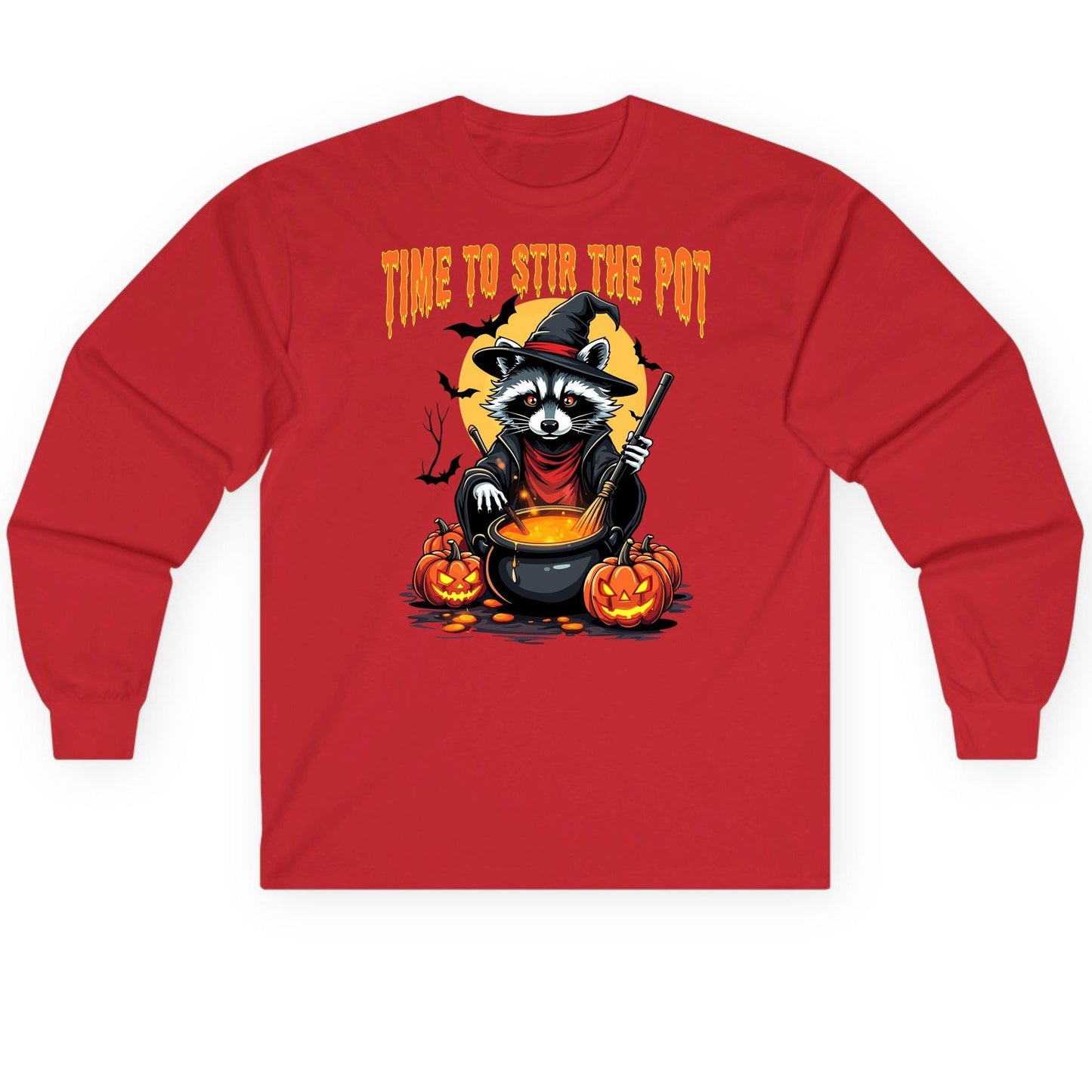 Time to Stir the Pot Halloween raccoon Long Sleeve Tee Red product mockup