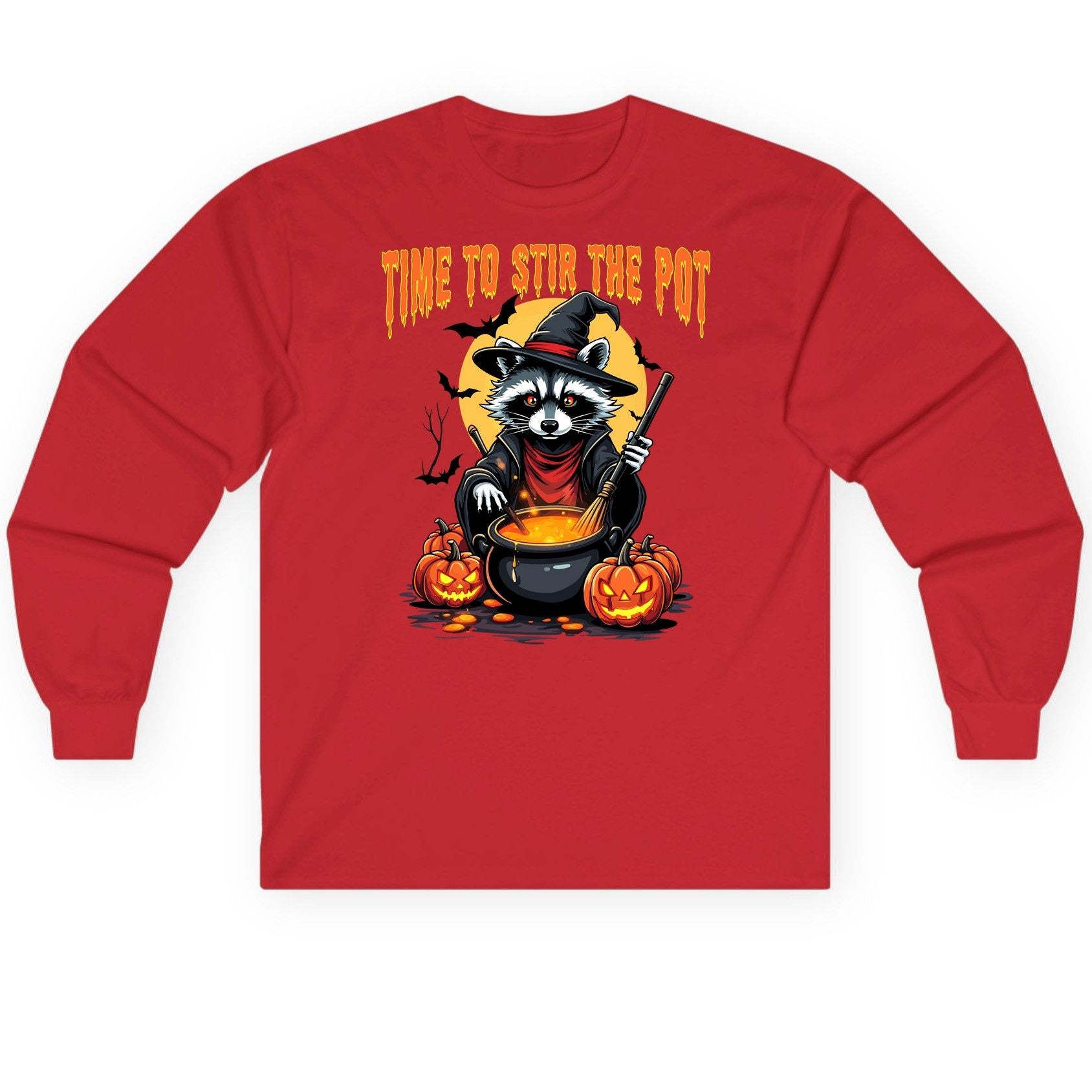 Time to Stir the Pot Halloween raccoon Long Sleeve Tee Red product mockup