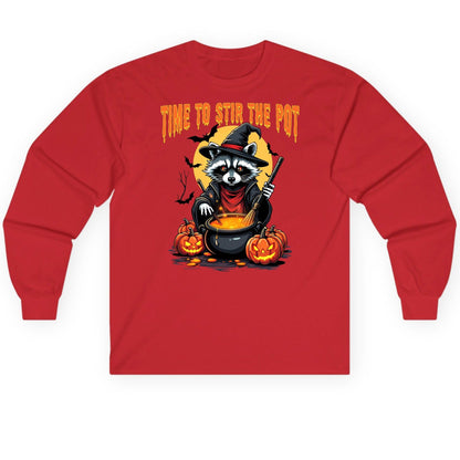 Time to Stir the Pot Halloween raccoon Long Sleeve Tee Red product mockup