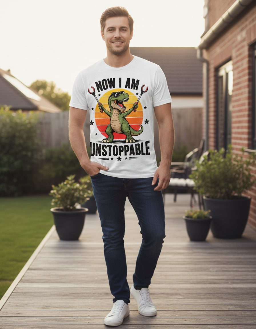 Now I Am Unstoppable Funny Tyrannosaurus Rex T-Shirt - lifestyle model mockup - White