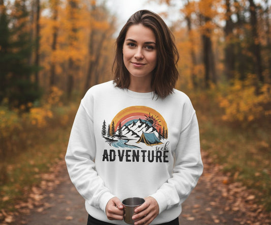 Seek Adventure camping Sweatshirt White lifestyle mockup