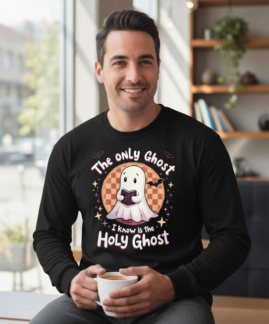 The Only Ghost I Know Is the Holy Ghost christian Halloween Long Sleeve Tee Black lifestyle mockup