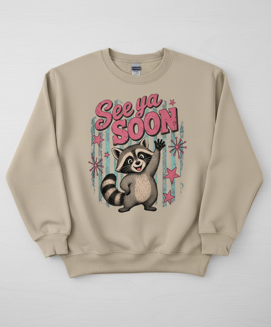 See Ya SOON Retro Raccoon Sweatshirt - product mockup - Sand